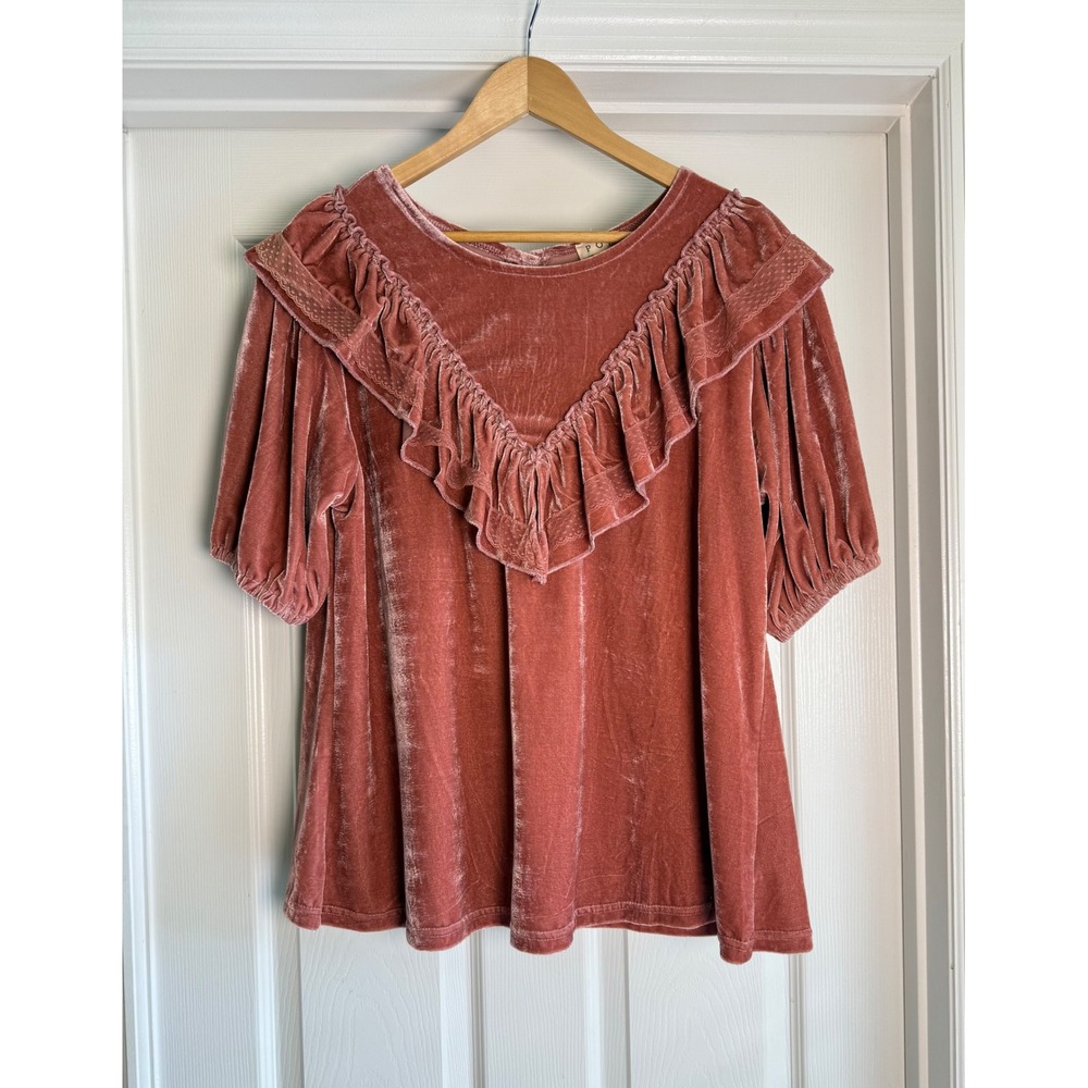 POL Velvet Ruffle Blouse Womens Large Rose Pink Lace Trim Button Back Top